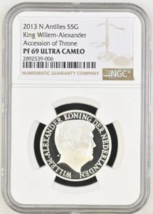 2013 N. Antilles WILLEM-ALEXANDER ACCESSSION Silver 5 Gulden S5G NGC PF69 UC - Picture 1 of 5