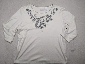 Alfred Dunner Womens M White Embroider Shirt Top 3/4 sleeve Round Neck Tunic - Picture 1 of 10