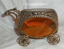 Vintage Ormolu Gold Ornate Filigree Carriage Jewelry Box Casket Beveled Glass