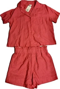 Women's A New Day Small Coral Pink Linen Short Sleeve ButtonUp Camp Shirt Shorts - Picture 1 of 9