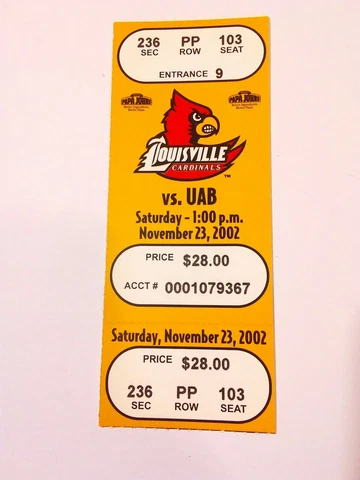 2002 Louisville Cardinals UAB Football Full Unused Ticket Cover