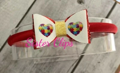 SISTER CLIPS Girls Handmade rainbow heart glitter bow alice hair band autism awareness