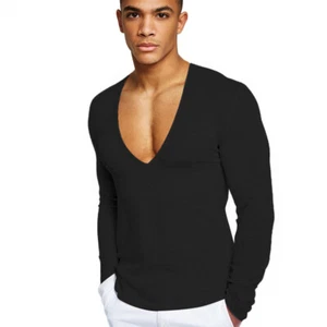 Men's Gym deep V-neck cotton long sleeved sports solid color fitness T-shirt - Picture 1 of 9