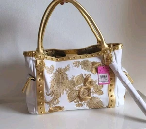 Bolso Beverly Feldman Dorado Bordado Doble Asas Borla Cuero Blanco Exótico - Imagen 1 de 12
