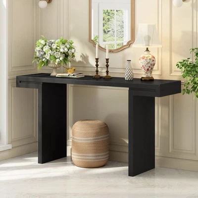 60in U-Style Console Table Geometric Lines Painted Finish Adjustable - Image 1 of 4