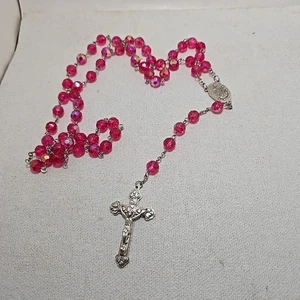 Rosario Católico Vintage Cuentas de Vidrio Rosa - Centro Medalla Milagrosa - Tono Plata - Imagen 1 de 6