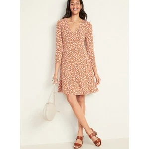 Old Navy Fit & Flare Empire-Taille Jersey Kleid Orange Blumen Langarm Medium - Bild 1 von 10