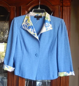 St John Women's Blue Floral Accent Size 4 Role Up 3/4 sleeve - Picture 1 of 8