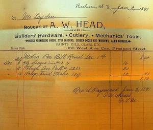 AW Head Billhead Rochester NY 1891 Builders Hardware Cutlery Tools - Picture 1 of 1