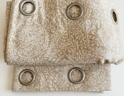 DKNY Damask Curtain Panels Pair 85x50 Beige Tan Jacquard Grommet EUC Designer - Image 1 of 4