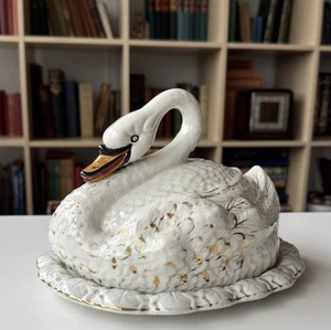 Antiguo plato de mantequilla de cerámica Staffordshire Swan grande del siglo XIX y cubierta pintura a mano - Imagen 1 de 23