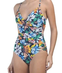 NWT Ellen Tracy Swimsuit Size 8 Floral Navy Removable Pads Ruched MSRP $98 - Picture 1 of 8