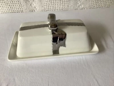 Cynthia Rowley Ceramic Butter Dish, White with Silver Bow Handle,  - Image 1 of 4