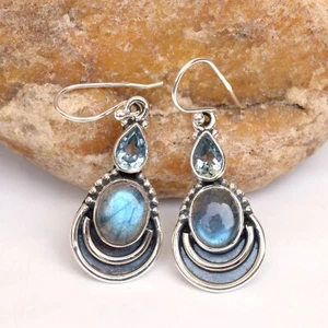 Natural Labradorite & Blue Topaz Earring 925 Sterling silver Handmade-NE010 - Picture 1 of 4