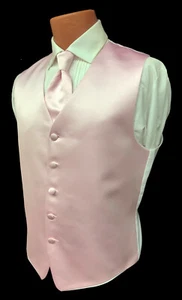 Men's Light Pink Satin Tuxedo Vest with Long Tie Fullback Wedding Groom Prom - Picture 1 of 5