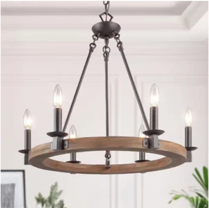 Farmhouse Wagon Wheel Chandelier 6-Light Distressed Wood Island Rustic Bronze - Picture 1 of 12