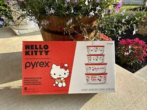 Pyrex Hello Kitty 8-Piece Decorated Glass Food Storage Set Brand New Sealed Box