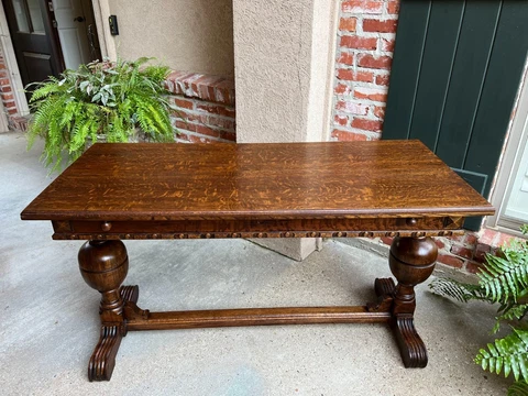 Antique English Draw Leaf Dining Library Kitchen Table Tiger Oak Trestle Base Cover