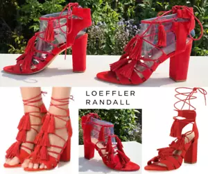Loeffler Randall Luz Tassel Suede Ankle-Tie Heeled Sandals RED US 9 | UK 6.5 VGC - Picture 1 of 24