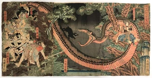 Yoshitsuya Woodblock Print: Raiō Captures Hakamadare Using Witchcraft 1858 Snake - Picture 1 of 24