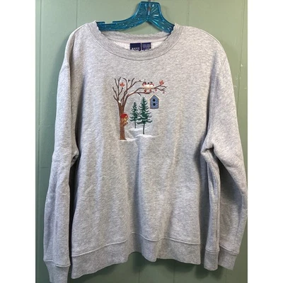 Camisa Sudadera Vintage Para Mujer Edición Básica XL Bordada Invierno Escena Pájaros Foto 1 de 4
