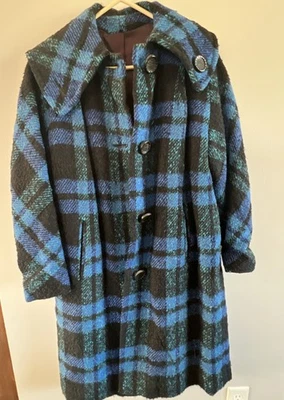 Abrigo Vintage Cosido a Mano Lana Boucle Cuadros Talla M Hecho Años 70 Azul Negro Bolsillos Foto 1 de 4