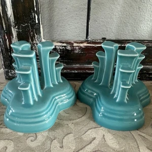 Homer Laughlin Fiesta Turquoise Pyramid Tripod Candle Holders Candlestick Set - Picture 1 of 7
