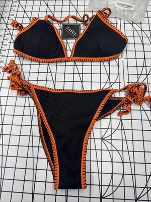 ZAFUL Mujer Triángulo Bikini Corbata Lateral Punto Látigo - Negro Naranja - Pequeño - Nuevo Foto 1 de 4