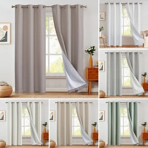 100% Blackout Linen Textured Curtains Light Blocking Coating Heavy Curtains 2pcs - Picture 1 of 82
