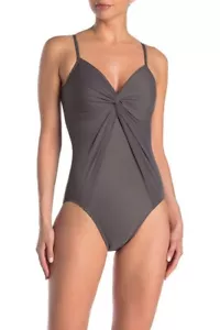 Miraclesuit L65604 Grey Rock Solid Love Knot One-Piece Swimsuit Women's Size 14 - Picture 1 of 3
