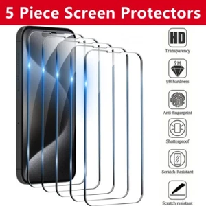 5 Pack Tempered Glass Screen Protector for iPhone 16 Pro Max 15 14 13 12 11 XR 8 - Picture 1 of 10