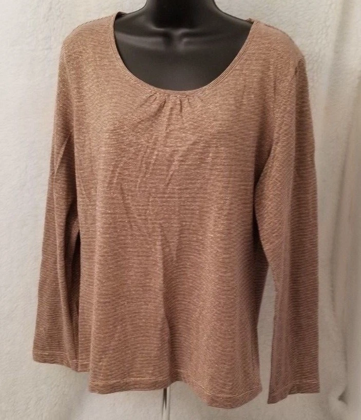 Camisa Top Blusa Chico's Mujer Talla 2 L Grande Marrón Dorado Rayas Lino Foto 1 de 4