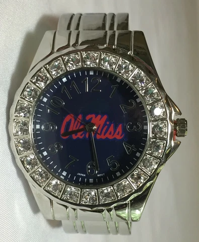 New Ole Miss Rebels Ladies Bangle Cuff Watch,Metal,Crystal,With Free Battery Cover
