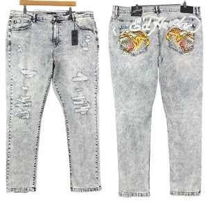 Ed Hardy Men’s Jeans 42x31 NWT Tiger Embroidered Acid Wash Distressed Denim Y2K - Picture 1 of 15