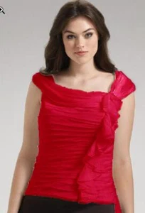 Tadashi Shoji Ruched & Ruffled Silk Top Sz 14 Red - Picture 1 of 1