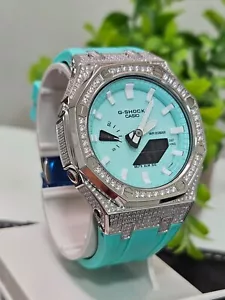 Custom G-Shock GA-2100 | Aqua Blue Mod | Iced Out Bezel Diamond Look - Picture 1 of 24