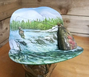 Neuheit 3D Forelle Fliegenfischen Kappe - Vintage 90er Salamander USA Lachsfisch RAR - Bild 1 von 8