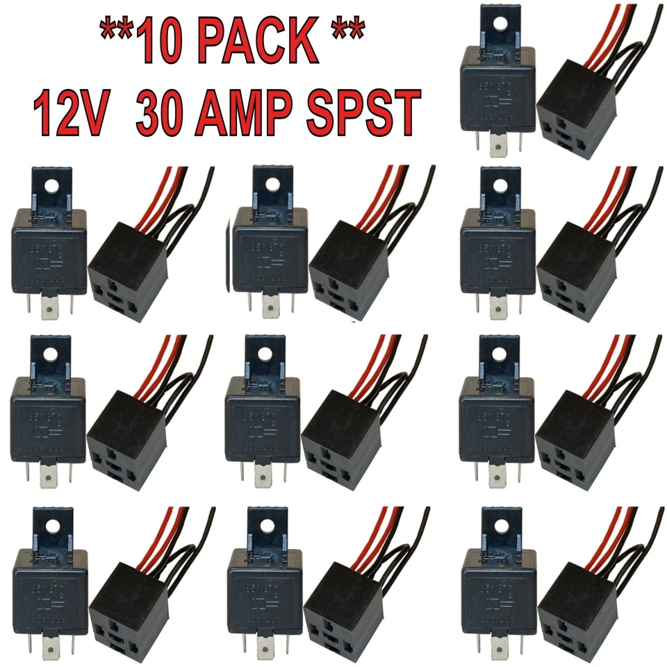 10 Pack of  12V 30 Amp 4-Pin SPST Automotive Relay & Harness Socket Plug Kit - Image 1 of 4
