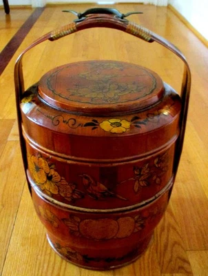 Antique Chinese Bamboo / Wood Three-Tiered Wedding Betrothal Basket 16.75" Tall - Image 1 of 4