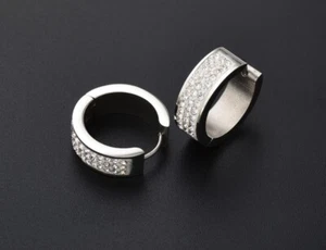 Stainless Steel Women's Men's Huggie Hoop Diamond 20mm Silver Earrings - Picture 1 of 3