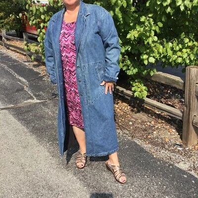 VTG 90's Nordstrom lined Denim Duster Long Jean Jacket XL Trench Coat Boho Retro - Image 1 of 4