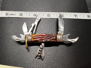 Vintage Mini Explorer Multi-Tool Stag Handle Survival Knife Boy Scout - Picture 1 of 11