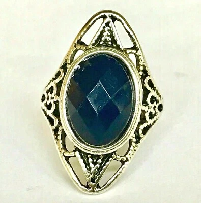 Anillo de cóctel Art Deco boho de plata talla 6 Simulado Zafiro Azul Piedra Chapada Foto 1 de 4
