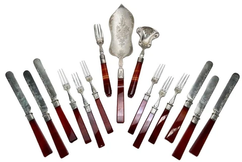 15pc Antique Dutch Victorian Sterling Silver Agate Dessert Flatware Serving Set Cover