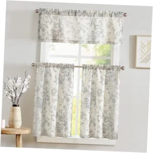 Floral Kitchen Curtains Set Linen 16" valance+24" tiers Floral Grey on Beige - Picture 1 of 7
