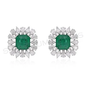 Natural Zambian Emerald H/SI Diamond Stud Earrings 14k White Solid Gold 12.50Tcw - Picture 1 of 13