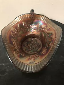 Dugan Windflower Carnival Glass Handled Nappy Bowl 7 1/2" long 3.25 " tall - Picture 1 of 10