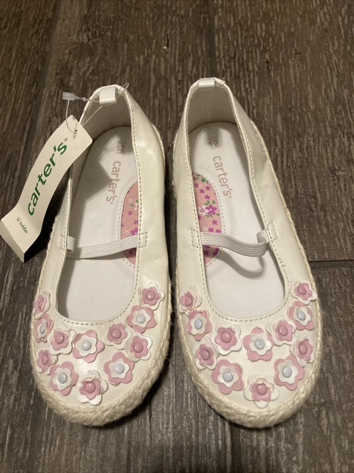 Sapatos infantis femininos vintage Carter’s 12 deslumbrantes branco rosa #2060 - Imagem 1 de 4