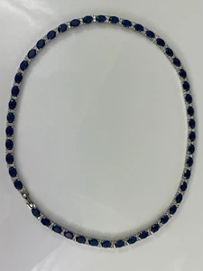 WHITE GOLD FINISH Oval Cut Blue Sapphire and Round Cut Created Diamond Necklace - Picture 1 of 6