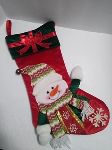 3D Christmas Stocking Snowman Bell Hat Scarf Bow Snowflake Velvet Back 18 Inch - Picture 1 of 11
